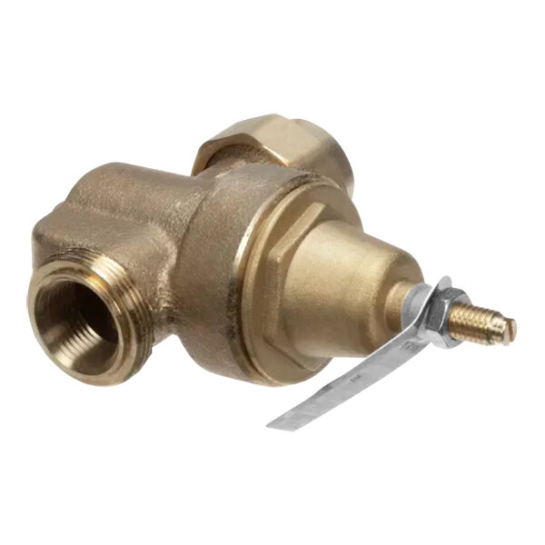 A close-up of a brass pressure regulator valve with a metal handle.