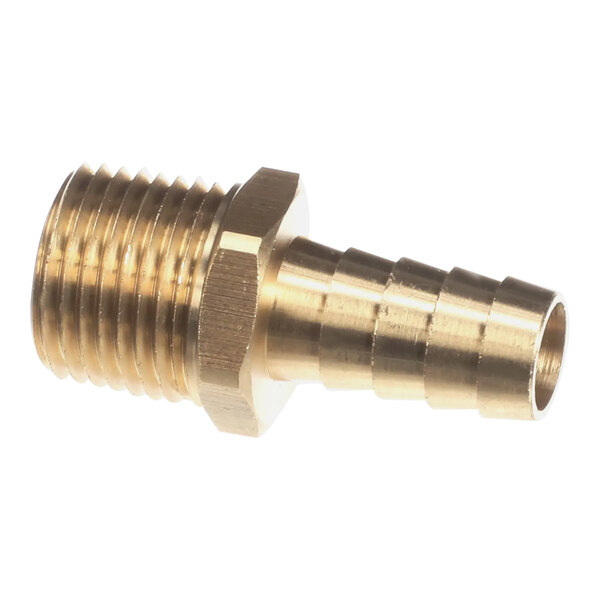 A brass CMA Dishmachines threaded male fitting with a hose barb.