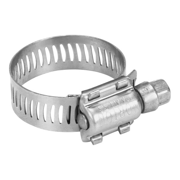A close-up of a stainless steel CMA Dishmachines hose clamp with holes and a metal nut.
