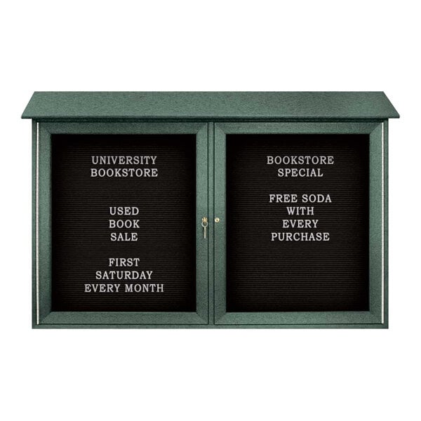 A black United Visual Products bulletin board with white text on a green background.