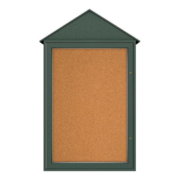 A cork board with a green frame.