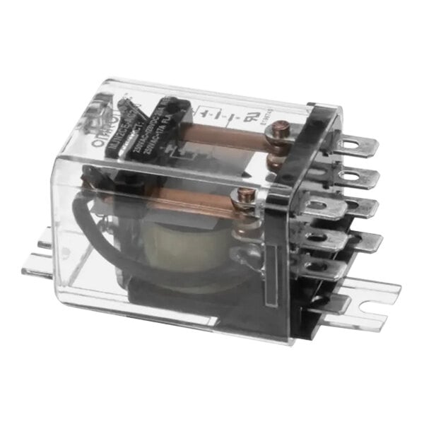 A clear plastic box with metal wires and a black and silver tube containing a CMA Dishmachines 220V ice cube relay.