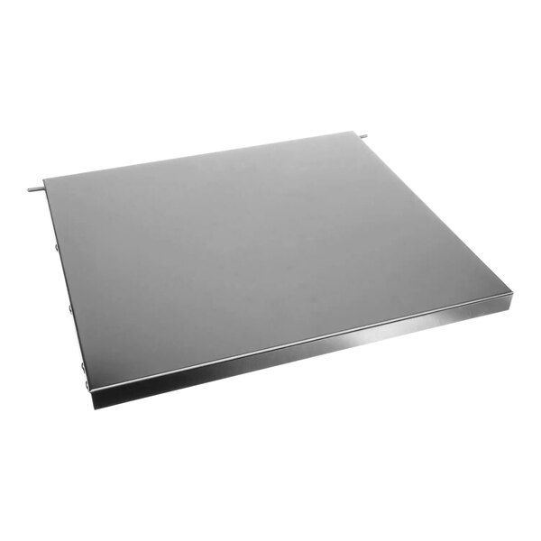 A black rectangular metal door assembly with a grey square object.