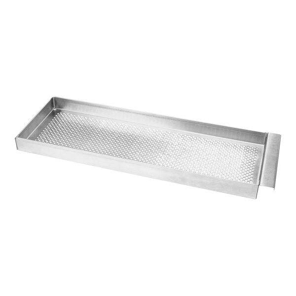 A stainless steel CMA Dishmachines scrap trap drawer with holes.