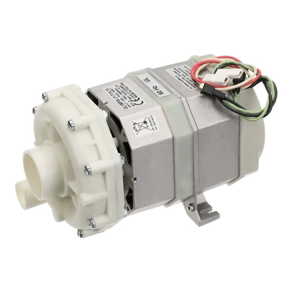 A small white electric motor with wires and a white cover.