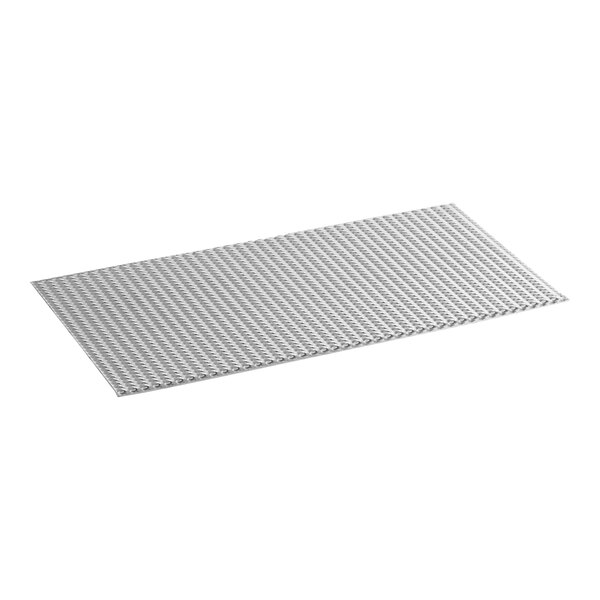 A white rectangular plastic mat with holes and a metal strip.