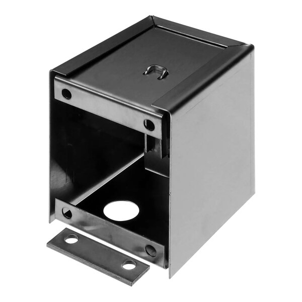 A black metal safety door interlock box with holes.