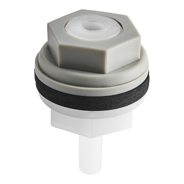 A gray and white plastic fitting with a hexagonal top, a central hole, and a black rubber gasket around its middle.