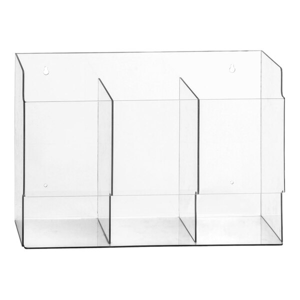 An Omnimed clear plastic wall mount with three compartments for disposable gloves.