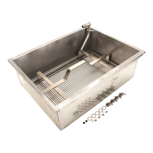 A stainless steel metal container with a metal frame and a drain.