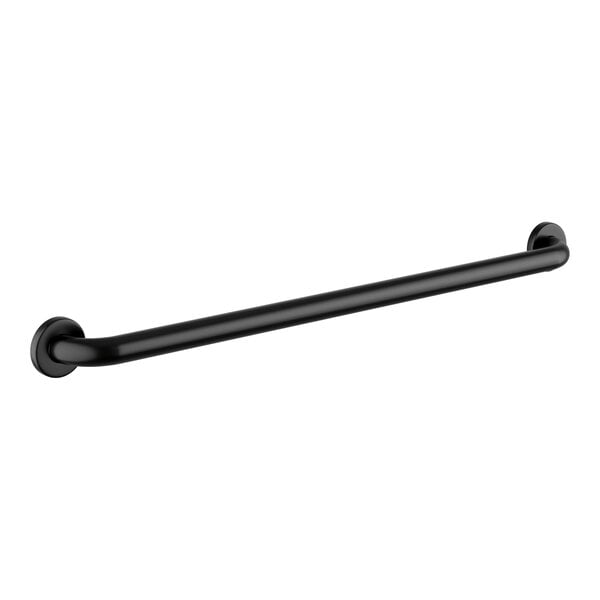 A black metal Lavex restroom grab bar.