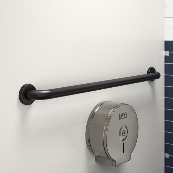 A Lavex matte black grab bar on a white wall.