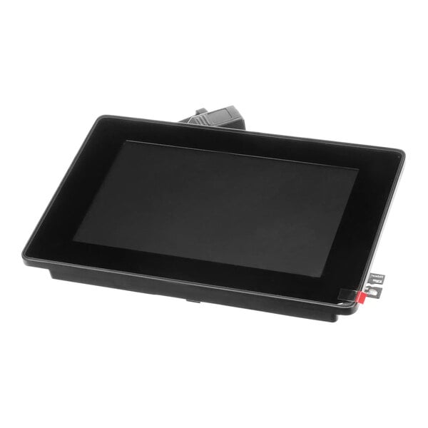 A black rectangular device with a black screen and a red button.