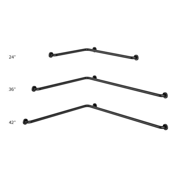 A black metal Lavex grab bar with different sizes.