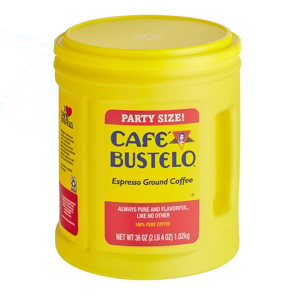 A yellow Cafe Bustelo espresso ground coffee can with a white lid.