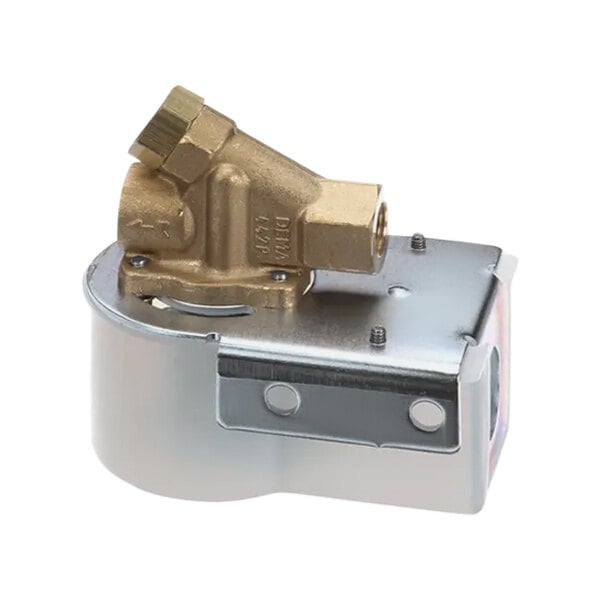 A close-up of a metal CMA Dishmachines solenoid valve with a brass and gold cover.