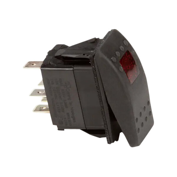 A black rocker switch with a red light.