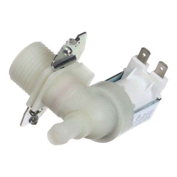 A white plastic Bunn valve assembly with metal corners and screws.