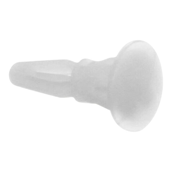 A close up of a white plastic plug with a shadow on a white background.