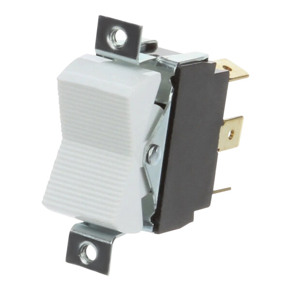 A white switch with a black and silver metal frame.