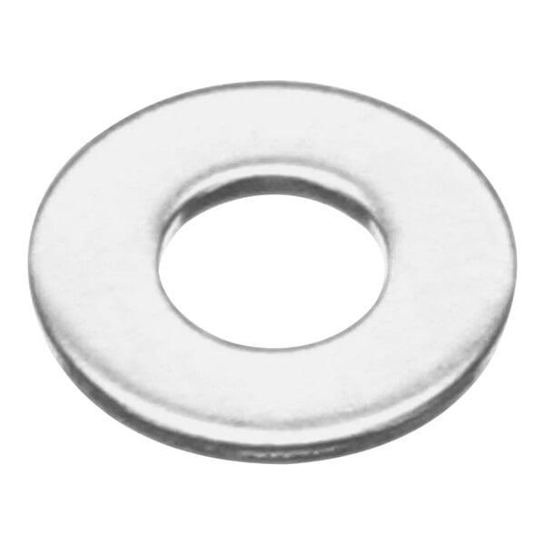 A close-up of a stainless steel flat washer with a hole in the middle.