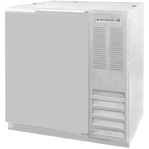 A Beverage-Air stainless steel back bar refrigerator with a solid door open.
