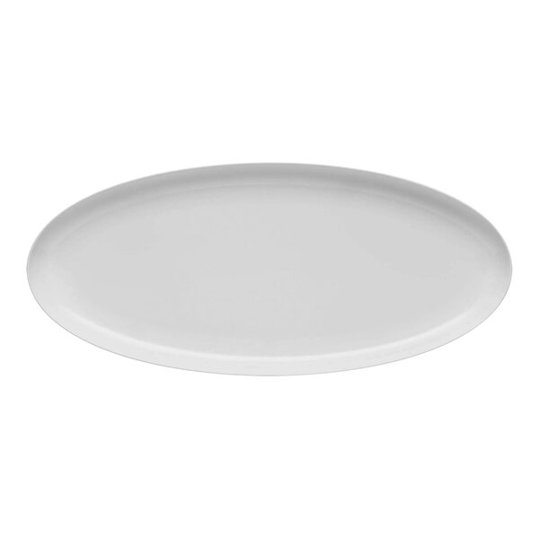 A white porcelain oval coupe platter with a small rim.