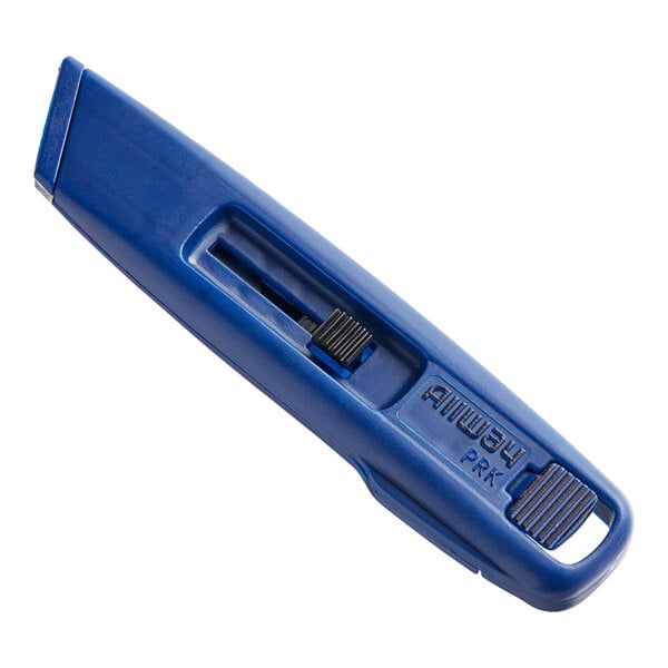 An Allway Tools blue plastic utility knife with black text and a black handle.