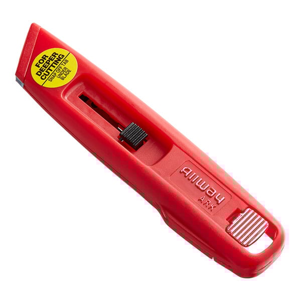 An Allway Tools red self-retracting safety knife with a yellow label.