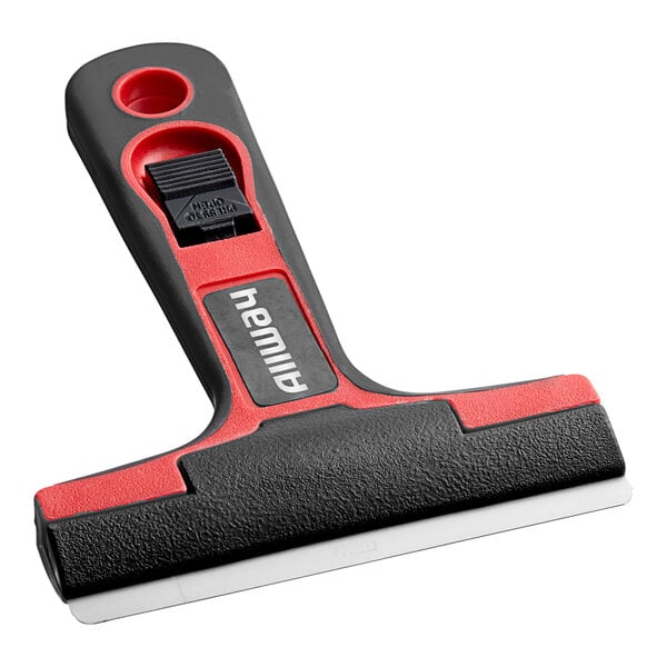 An Allway Tools glass and tile scraper with a red and black handle.
