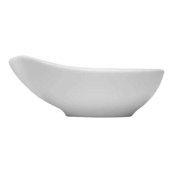 A close-up of a Schonwald Delight white porcelain bowl with a curved edge.