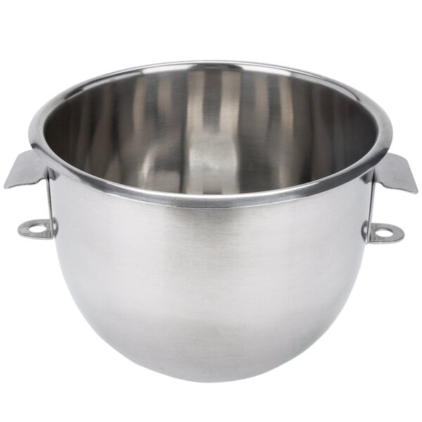 A silver Vollrath stainless steel mixing bowl with handles.