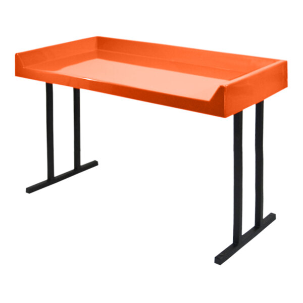 An orange rectangular table with black legs.