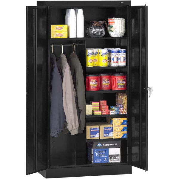 A black Tennsco metal storage cabinet with items on the shelves.
