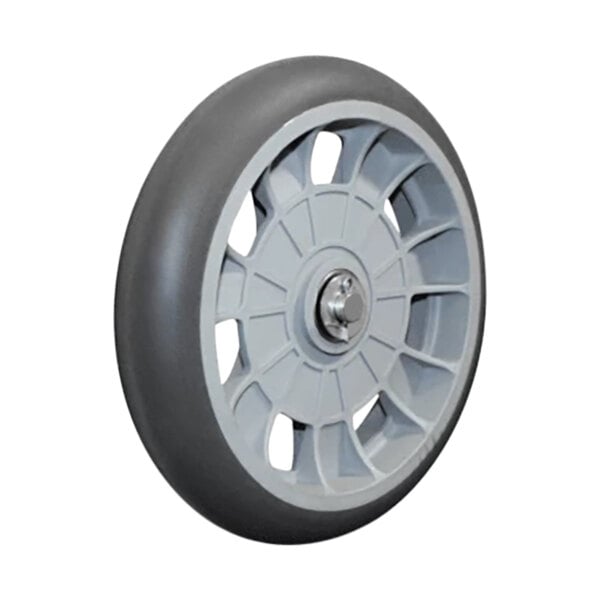 A close up of a B&P Manufacturing 10" balloon cushion hand truck wheel with a gray rubber rim and spokes.