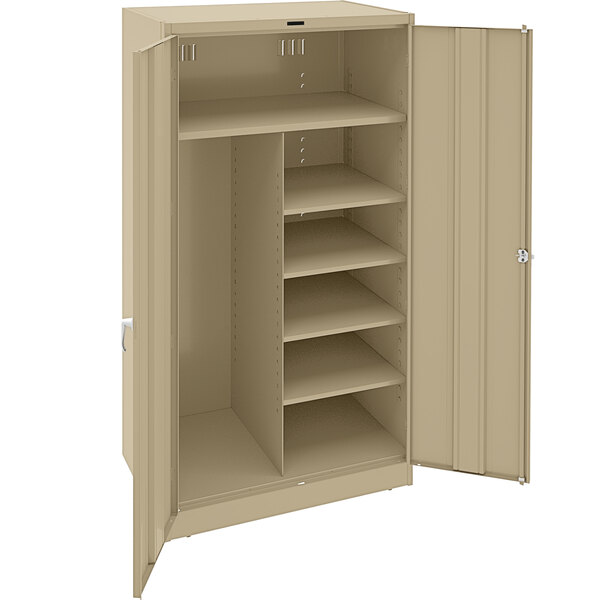 A tan metal Tennsco combination cabinet with shelves.