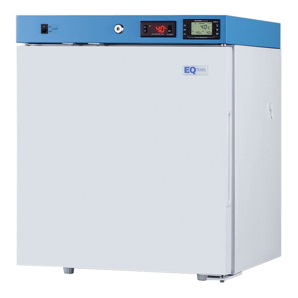 A white Summit Appliance compact medical refrigerator with blue and white controls.