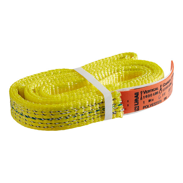 A close-up of a yellow Lift-All polyester web sling with a white band.