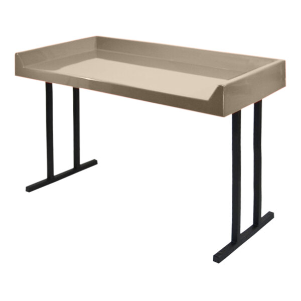 A rectangular table with black legs and a white surface.