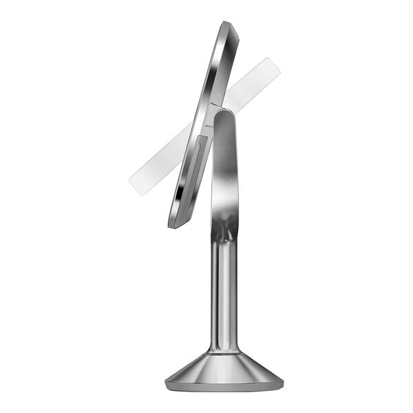 A simplehuman brushed stainless steel sensor mirror on a stand.