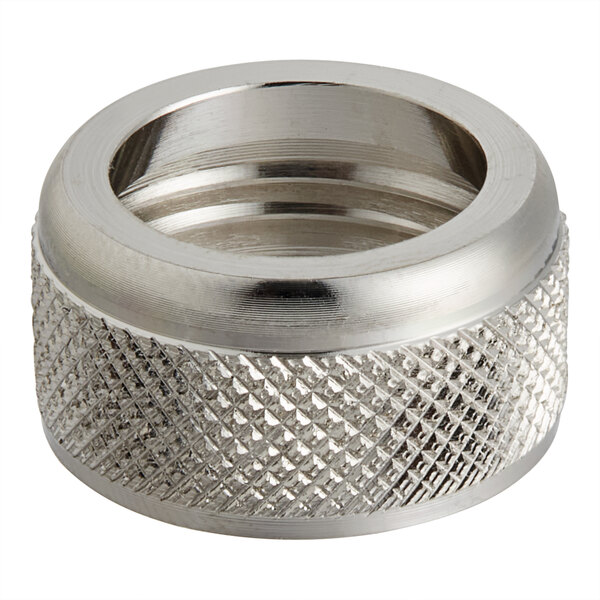 A silver metal Ateco coupler nut with a diamond pattern.