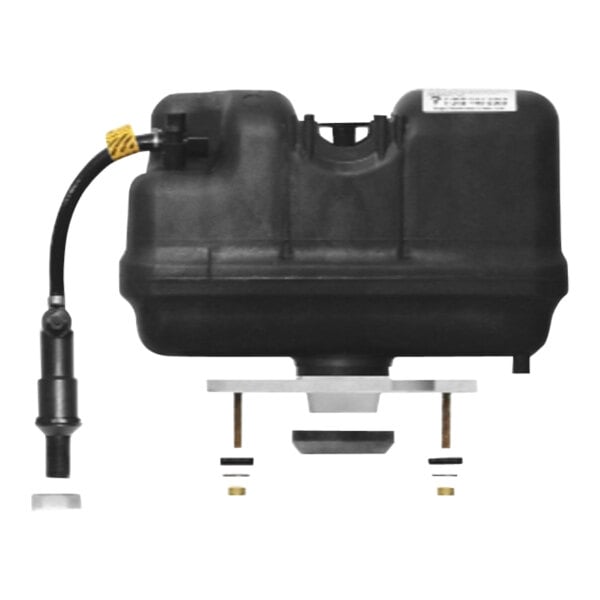 A black plastic tank with a white label and a black hose attached.