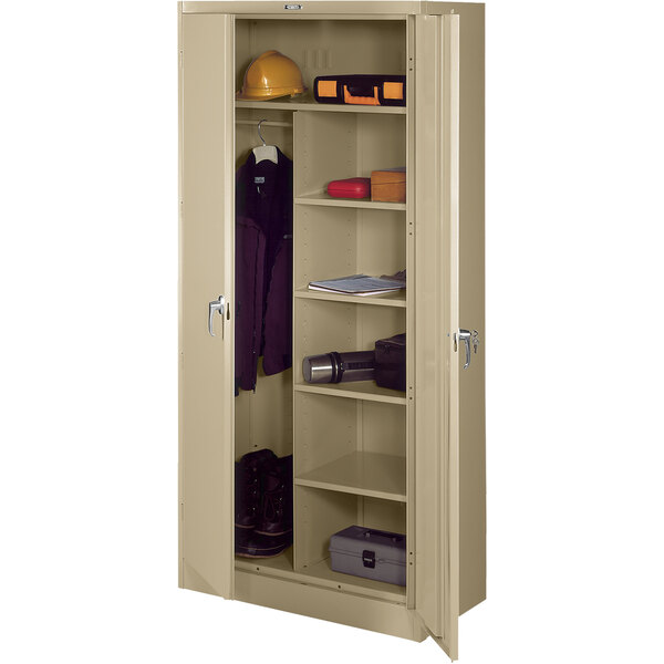 A sand metal Tennsco combination cabinet with solid doors open to reveal shelves.