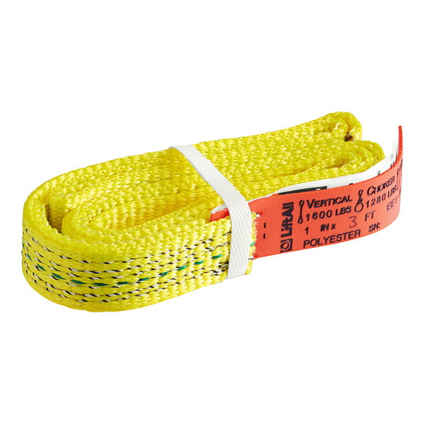 A yellow Lift-All polyester web sling with a white strap and flat eyes.