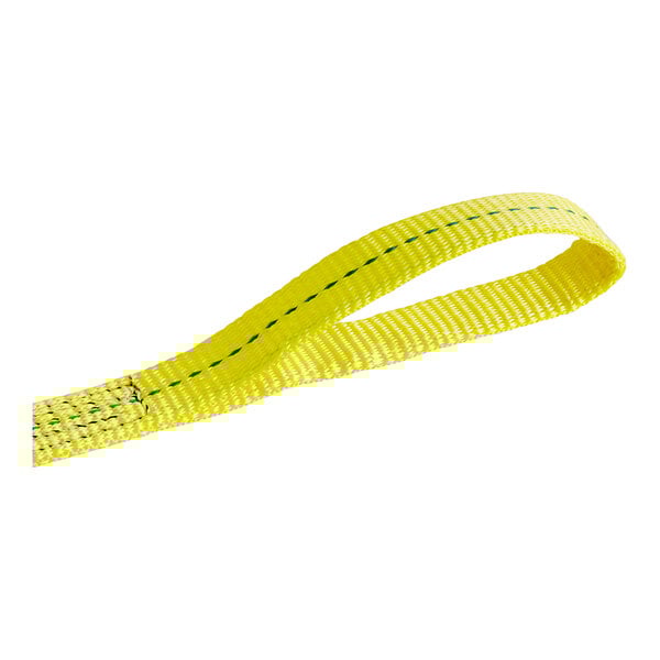 A close-up of a yellow Lift-All polyester web sling with green thread on the edges.