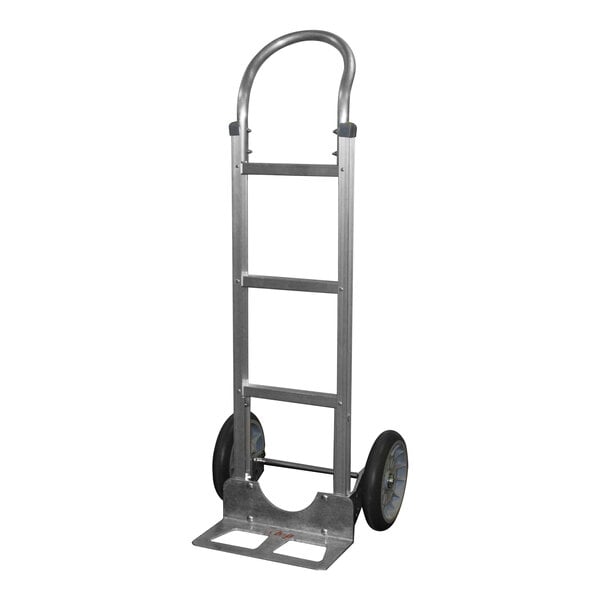 A silver B&P Manufacturing hand truck with black wheels and a loop handle.