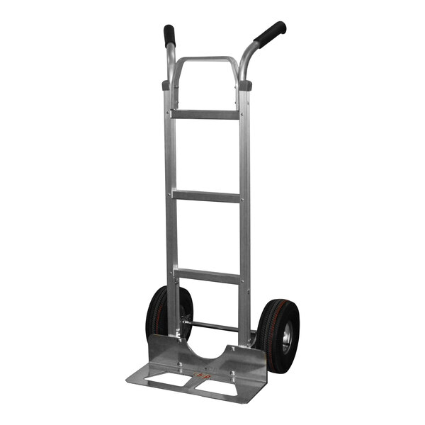 A silver B&P Manufacturing hand truck with black wheels and a double-grip u-brace handle.