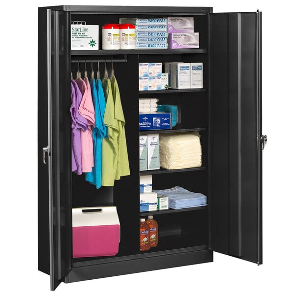 A black Tennsco jumbo combination cabinet with items on shelves.