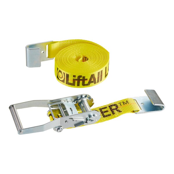 A yellow Lift-All ratchet strap with flat hooks and black text.