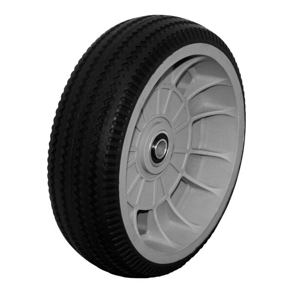 A B&P Manufacturing Carefree hand truck wheel with a white rim and black tire.